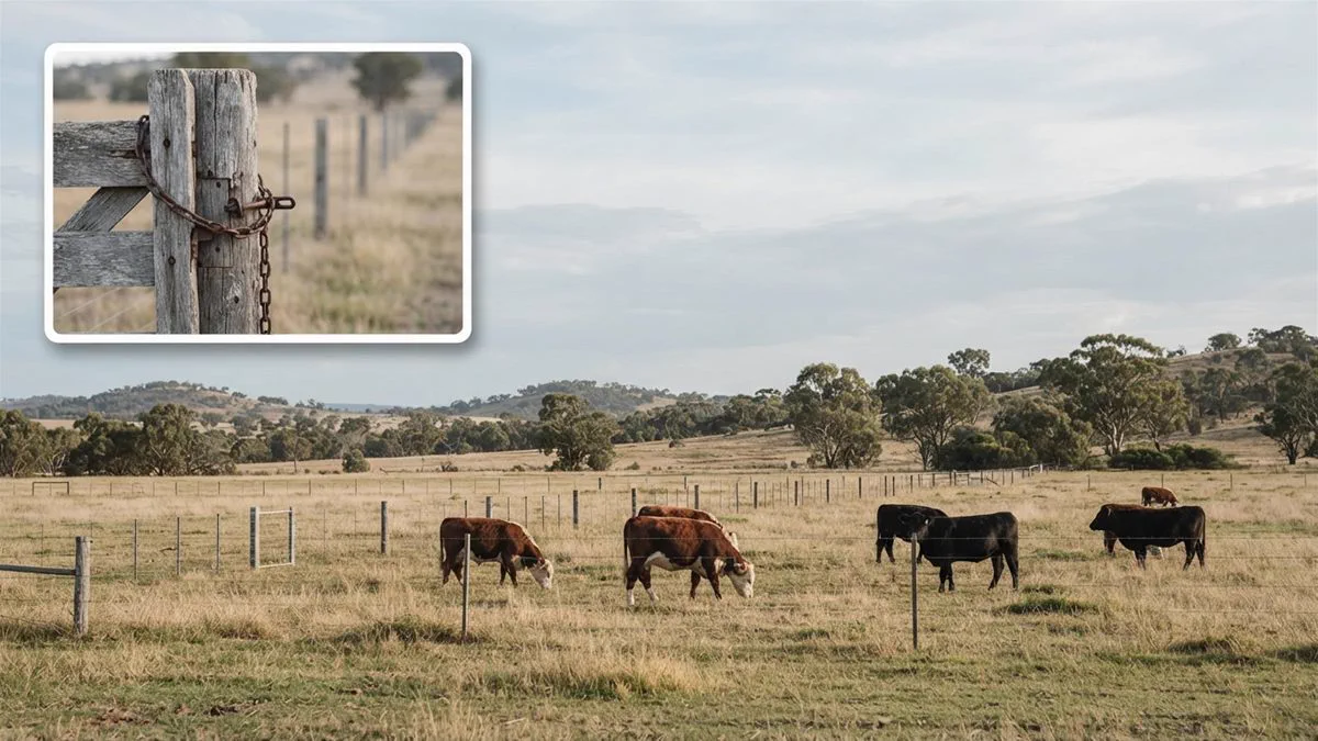 A fenced paddock with cattle grazing under an open Australian sky